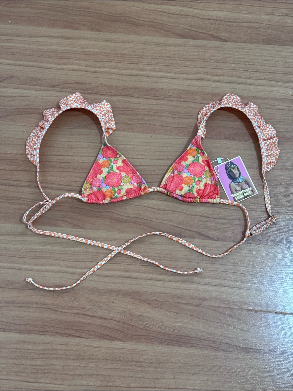 Strawberry Milk Mob Floral Triangle Bikini Top NWT XS Ruffle Strap Swimwear